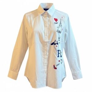 FRANK LYMAN Paris Eiffel Tower Applique Blouse White Graphic Button Up Shirt XL